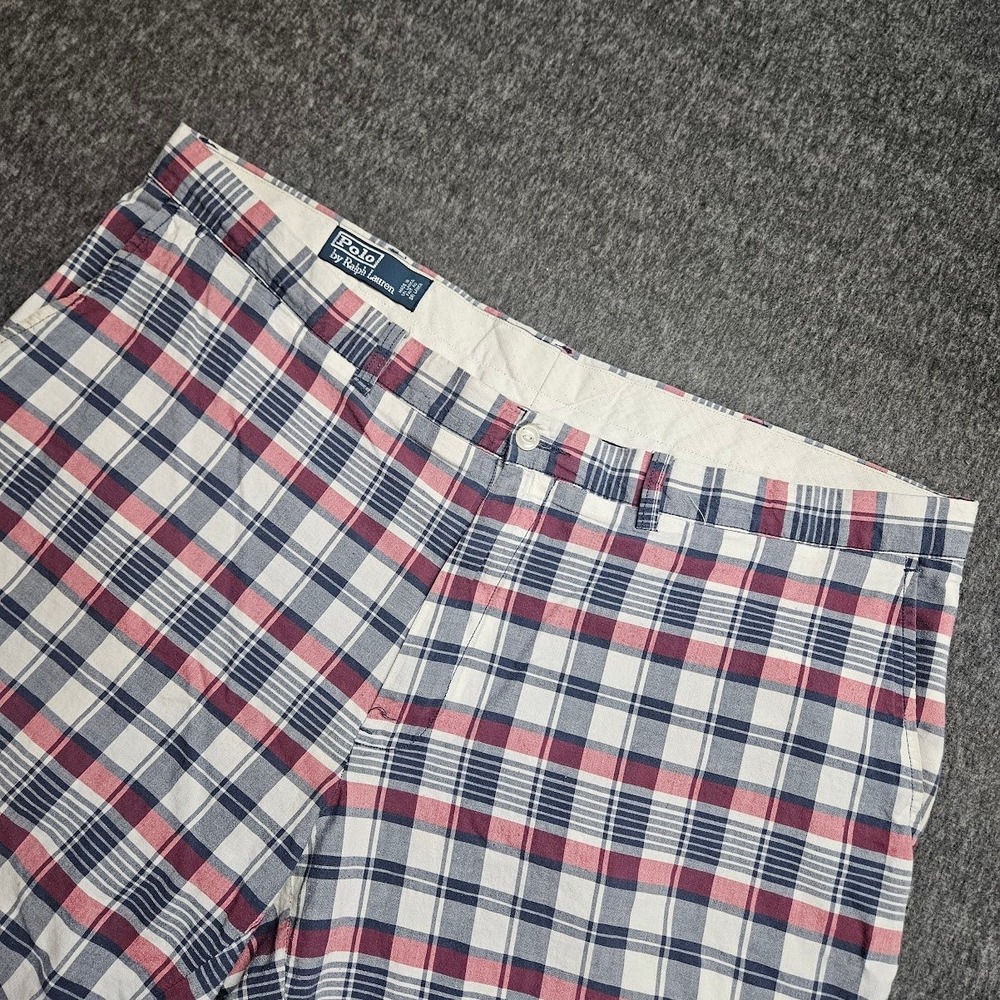Polo Ralph Lauren Plaid Shorts Mens 42 Blue Red White Cotton Preppy Flat Front